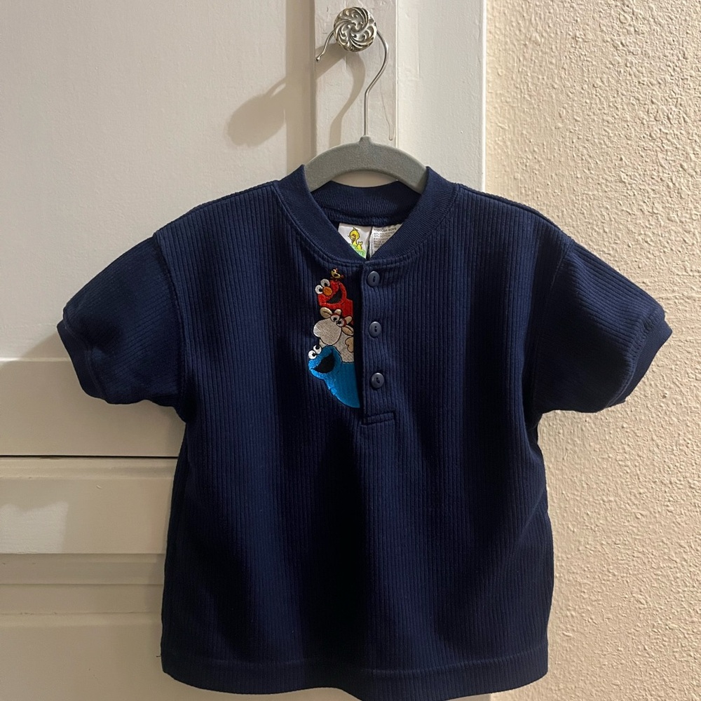 Navy Blue Kids Vintage Sesame Street Shirt with Cartoon Embroidery